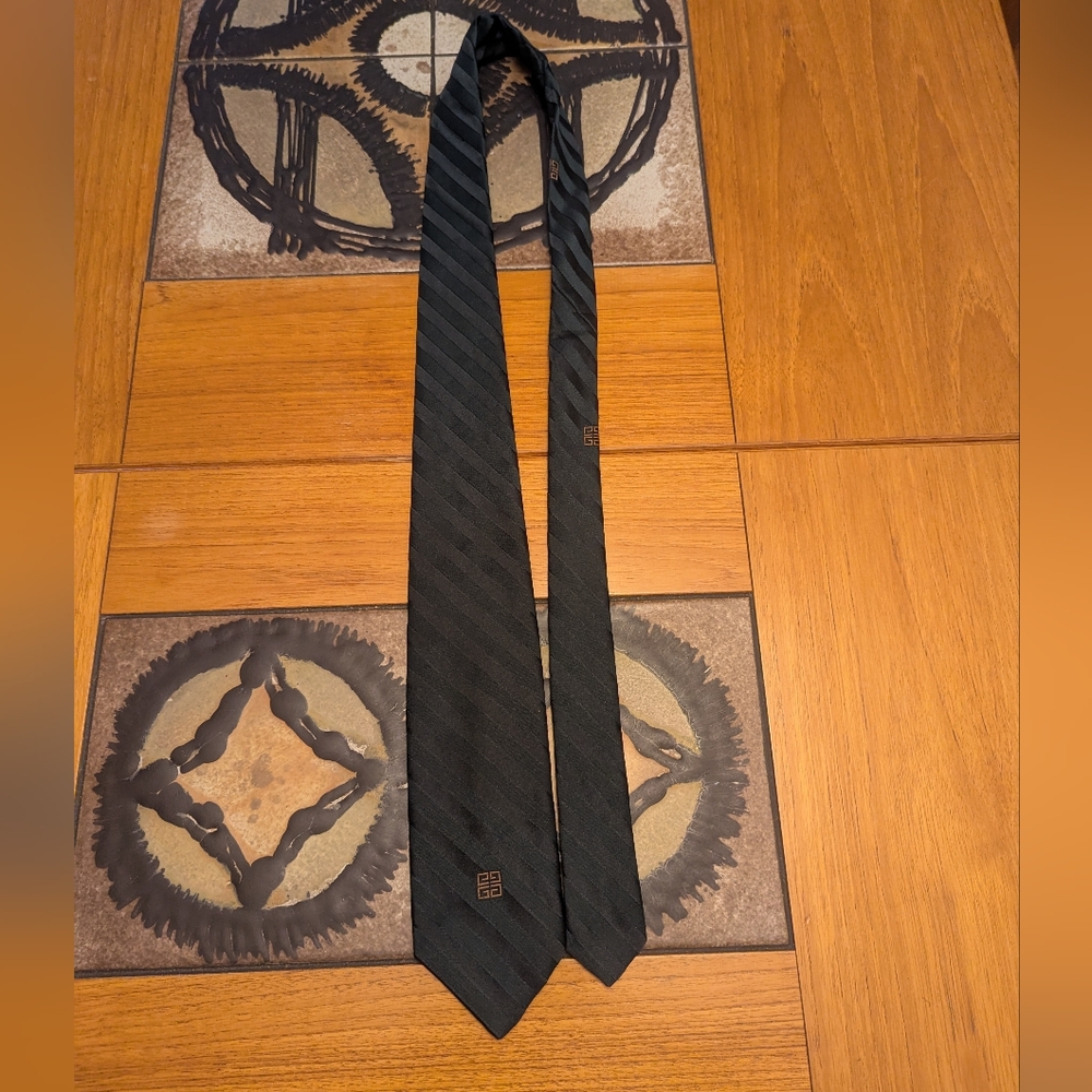 Vintage Givenchy tie dark hunter green stripes gold logo print Pairs France